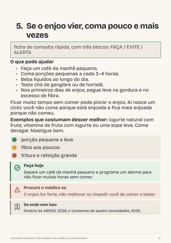 Página do e-book: se o enjoo vier, coma pouco e mais vezes