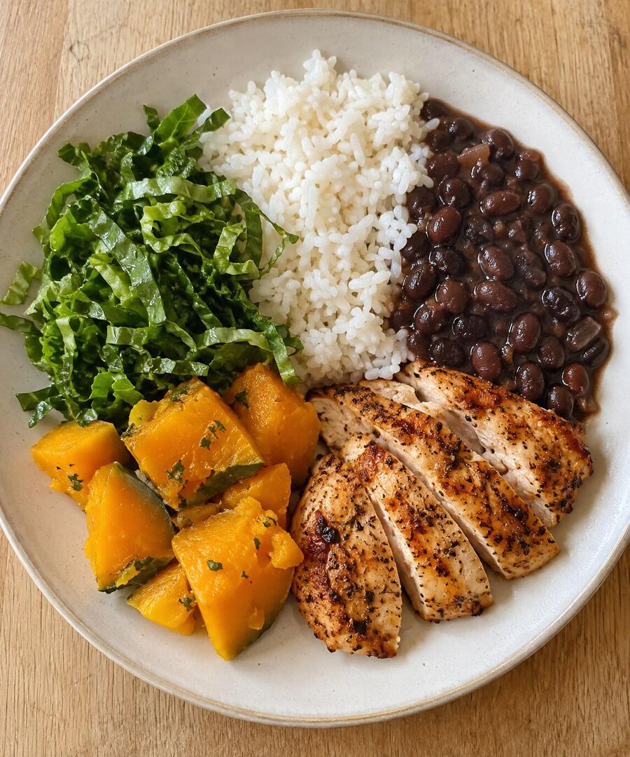 Prato simples com arroz, feijão, frango, abóbora e couve